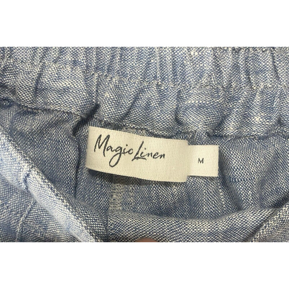 Magic Linen Crop Pants Womens Sz M Blue‎ 100% Linen Pockets Button Close Elastic - Picture 3 of 8